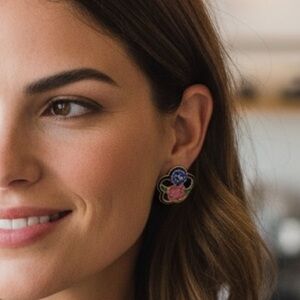 Vintage Cloisonné Enamel Floral Stud Earrings Pierced